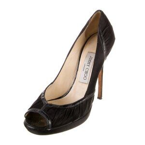 Jimmy Choo Satin Printed Pumps US 7, IT 37 Black Peep Toe